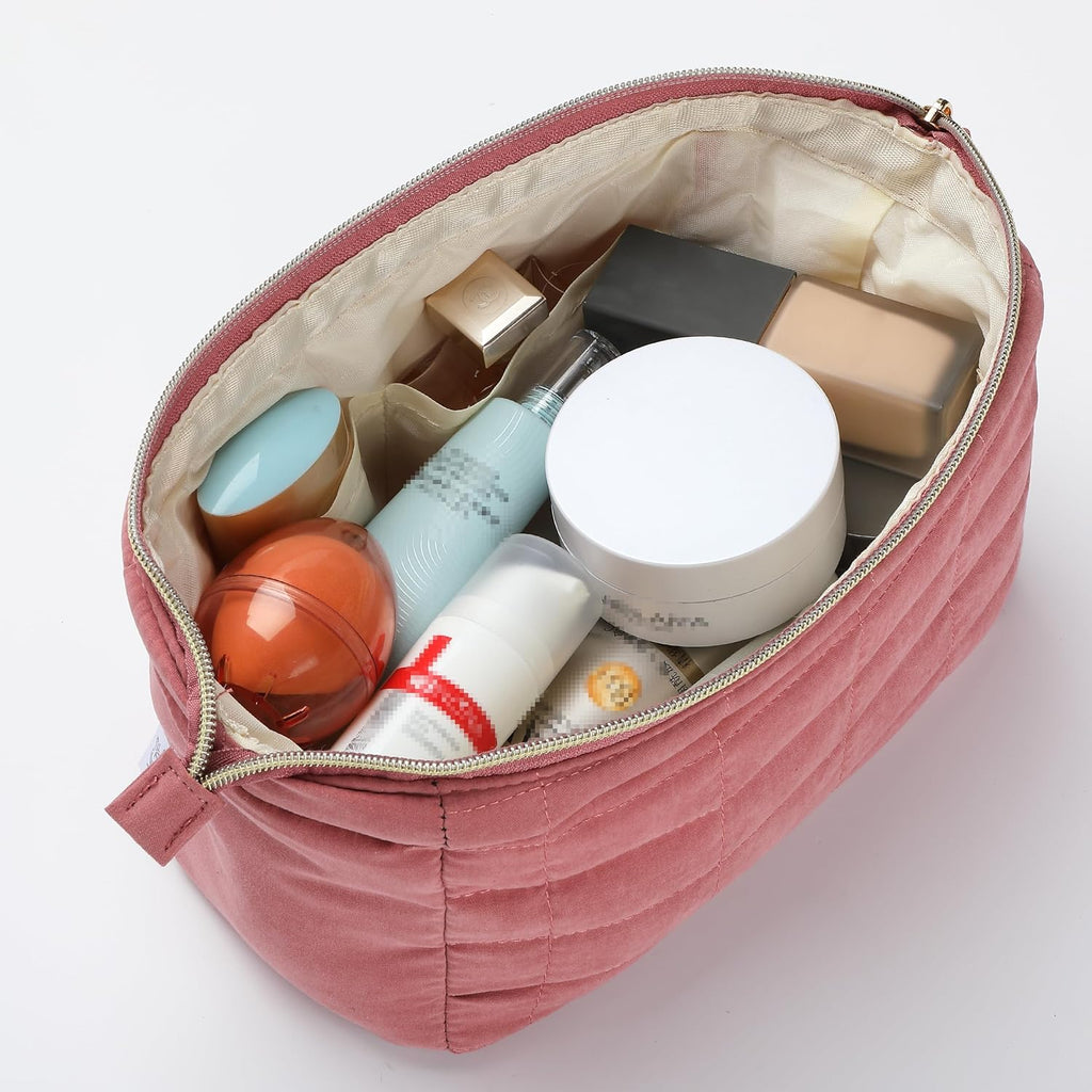 - Aesthetic Quilted Makeup Bag for Women, Muted Rose | Puffy Padded Cute Makeup Bag Cute, Cosmetic Pouch, Quilted Pouch