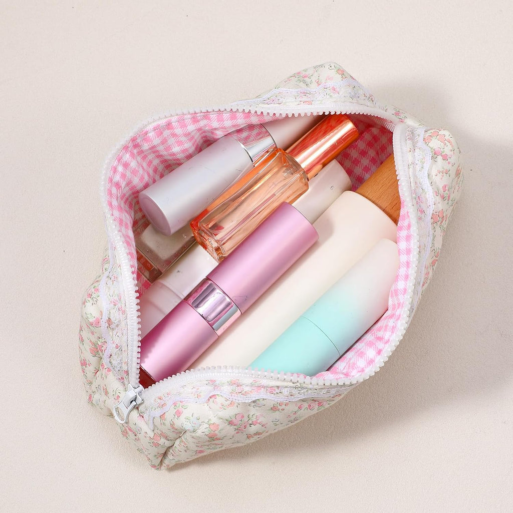 Quilted Makeup Bag, Floral Large Cute Cosmetic Pouch, Coquette Aesthetic Pink Makeup Pouch Cotton Puffy Travel Toiletry Storage Bag Portable Zipper Organizer (Light Pink)