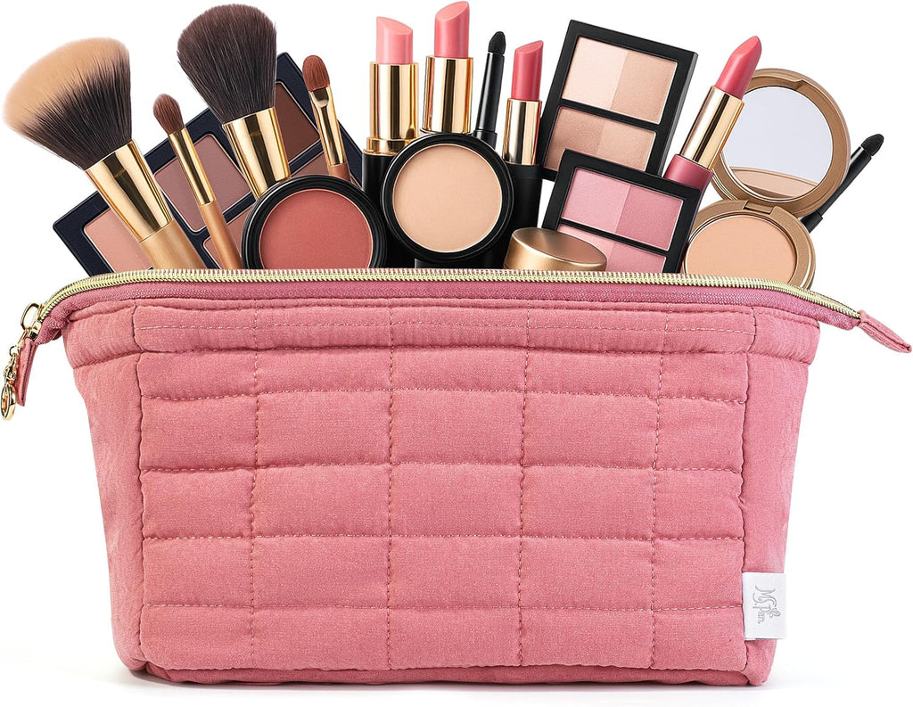 - Aesthetic Quilted Makeup Bag for Women, Muted Rose | Puffy Padded Cute Makeup Bag Cute, Cosmetic Pouch, Quilted Pouch