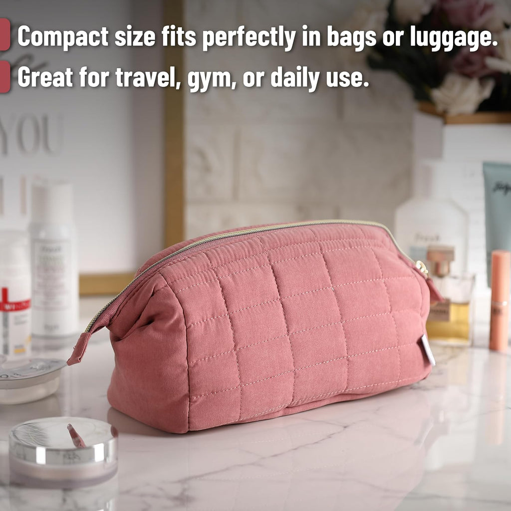 - Aesthetic Quilted Makeup Bag for Women, Muted Rose | Puffy Padded Cute Makeup Bag Cute, Cosmetic Pouch, Quilted Pouch