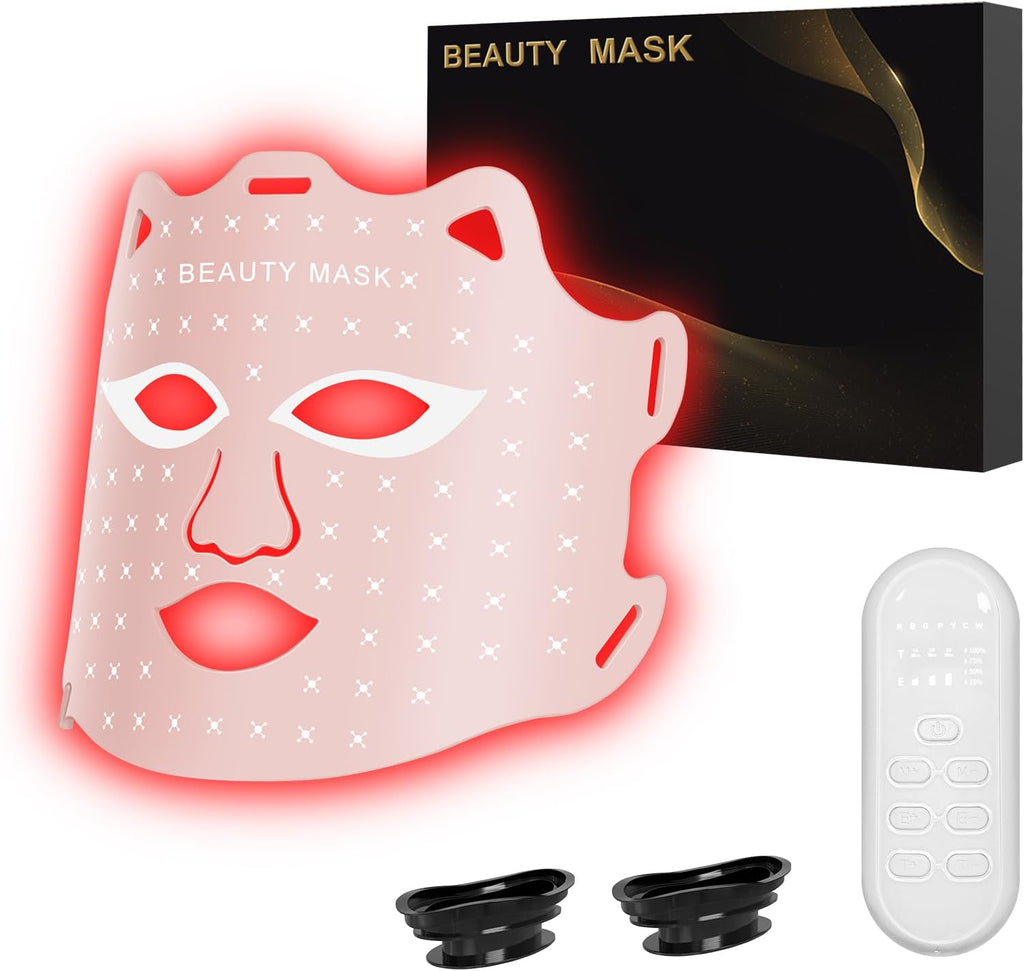 Red Light Therapy for Face, Portable Led Face Mask Light Therapy with Rechargeable Remote, 7 Color Mode Red Light Therapy with 850Nm NIR, Home Use Skin Care Device (Pink)