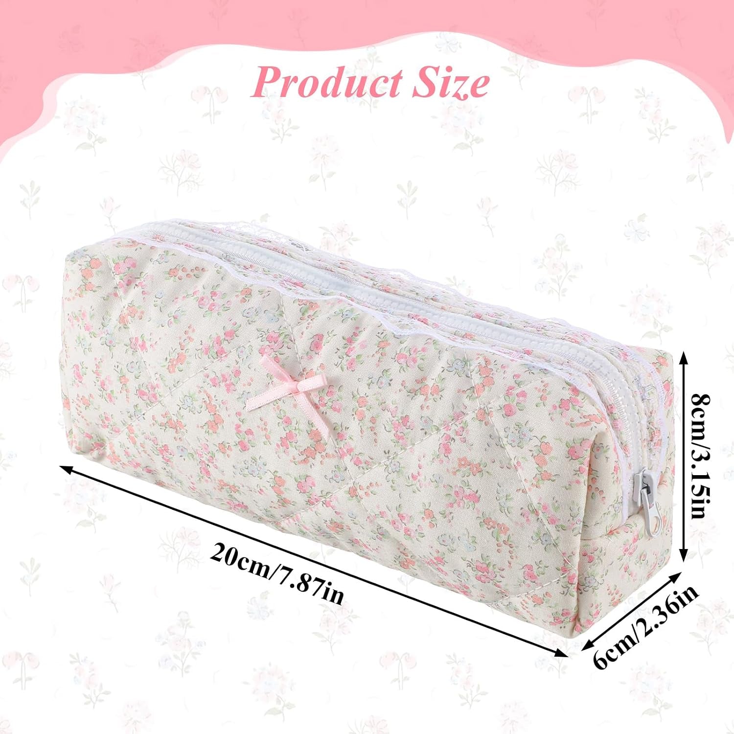 Quilted Makeup Bag, Floral Large Cute Cosmetic Pouch, Coquette Aesthetic Pink Makeup Pouch Cotton Puffy Travel Toiletry Storage Bag Portable Zipper Organizer (Light Pink)