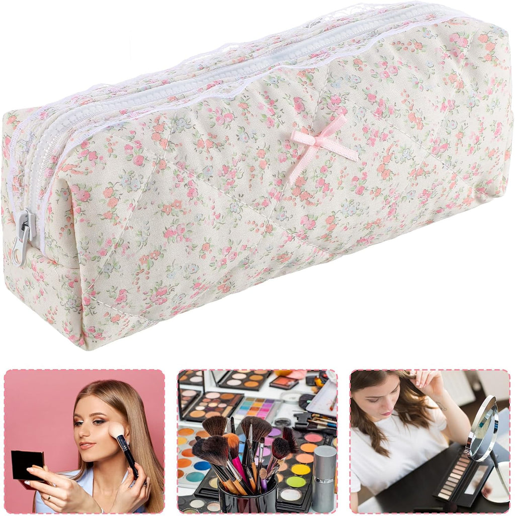 Quilted Makeup Bag, Floral Large Cute Cosmetic Pouch, Coquette Aesthetic Pink Makeup Pouch Cotton Puffy Travel Toiletry Storage Bag Portable Zipper Organizer (Light Pink)