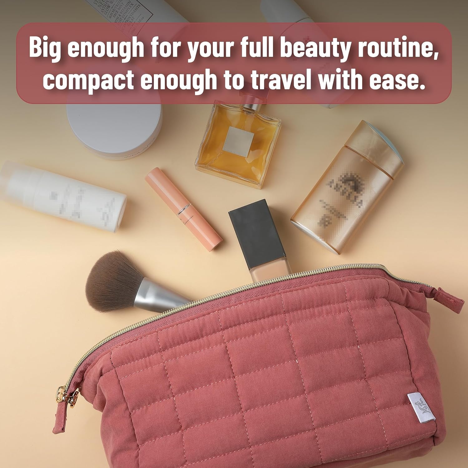- Aesthetic Quilted Makeup Bag for Women, Muted Rose | Puffy Padded Cute Makeup Bag Cute, Cosmetic Pouch, Quilted Pouch
