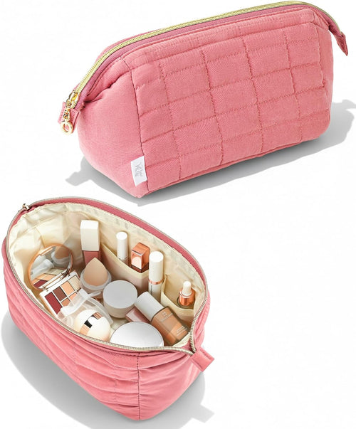 - Aesthetic Quilted Makeup Bag for Women, Muted Rose | Puffy Padded Cute Makeup Bag Cute, Cosmetic Pouch, Quilted Pouch