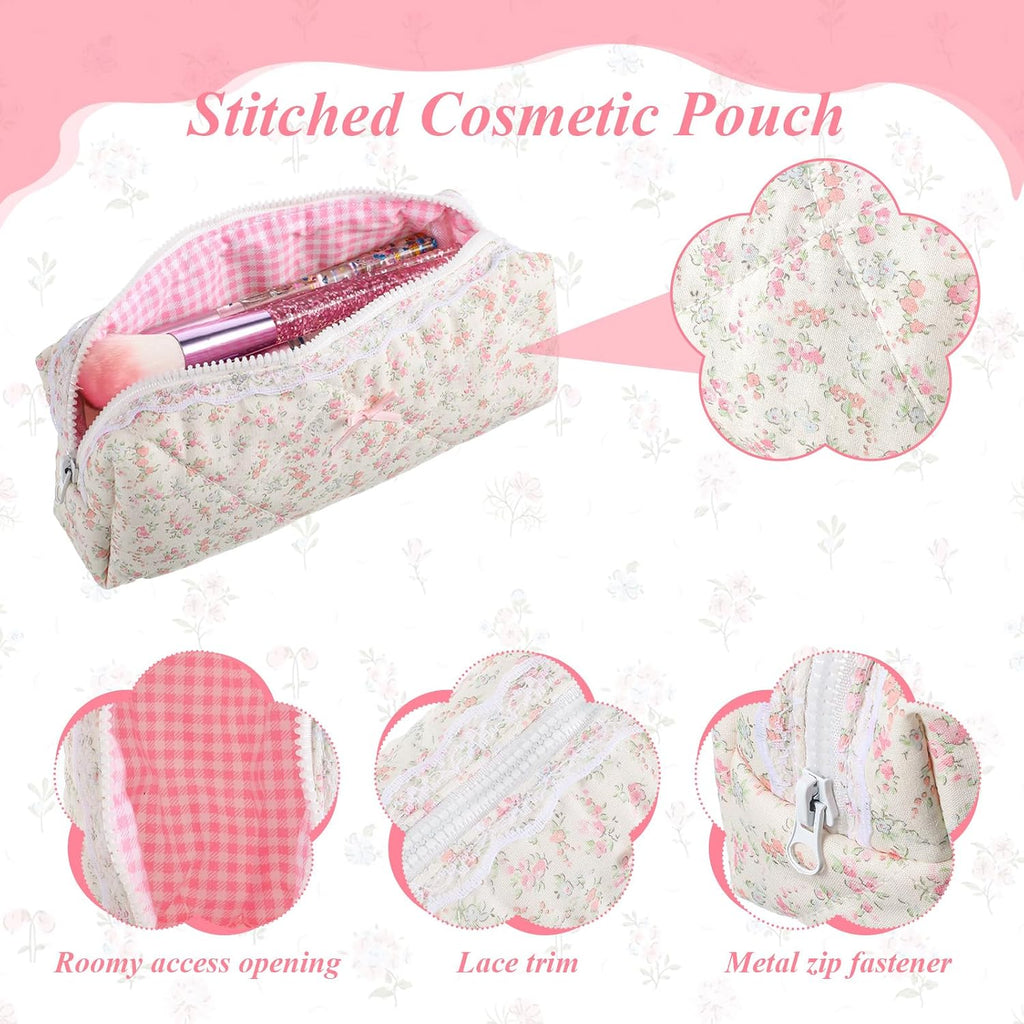 Quilted Makeup Bag, Floral Large Cute Cosmetic Pouch, Coquette Aesthetic Pink Makeup Pouch Cotton Puffy Travel Toiletry Storage Bag Portable Zipper Organizer (Light Pink)