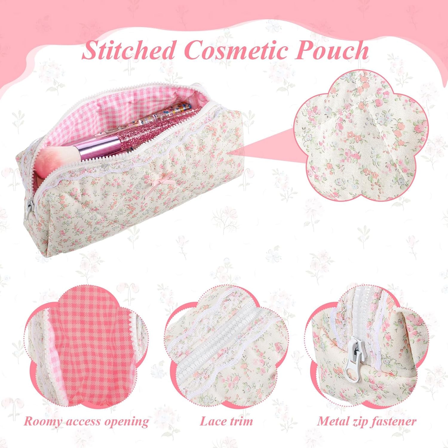 Quilted Makeup Bag, Floral Large Cute Cosmetic Pouch, Coquette Aesthetic Pink Makeup Pouch Cotton Puffy Travel Toiletry Storage Bag Portable Zipper Organizer (Light Pink)
