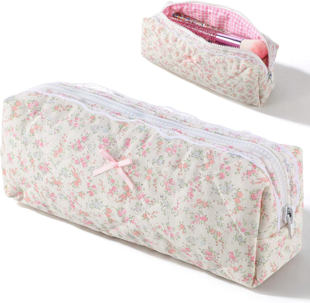 Quilted Makeup Bag, Floral Large Cute Cosmetic Pouch, Coquette Aesthetic Pink Makeup Pouch Cotton Puffy Travel Toiletry Storage Bag Portable Zipper Organizer (Light Pink)